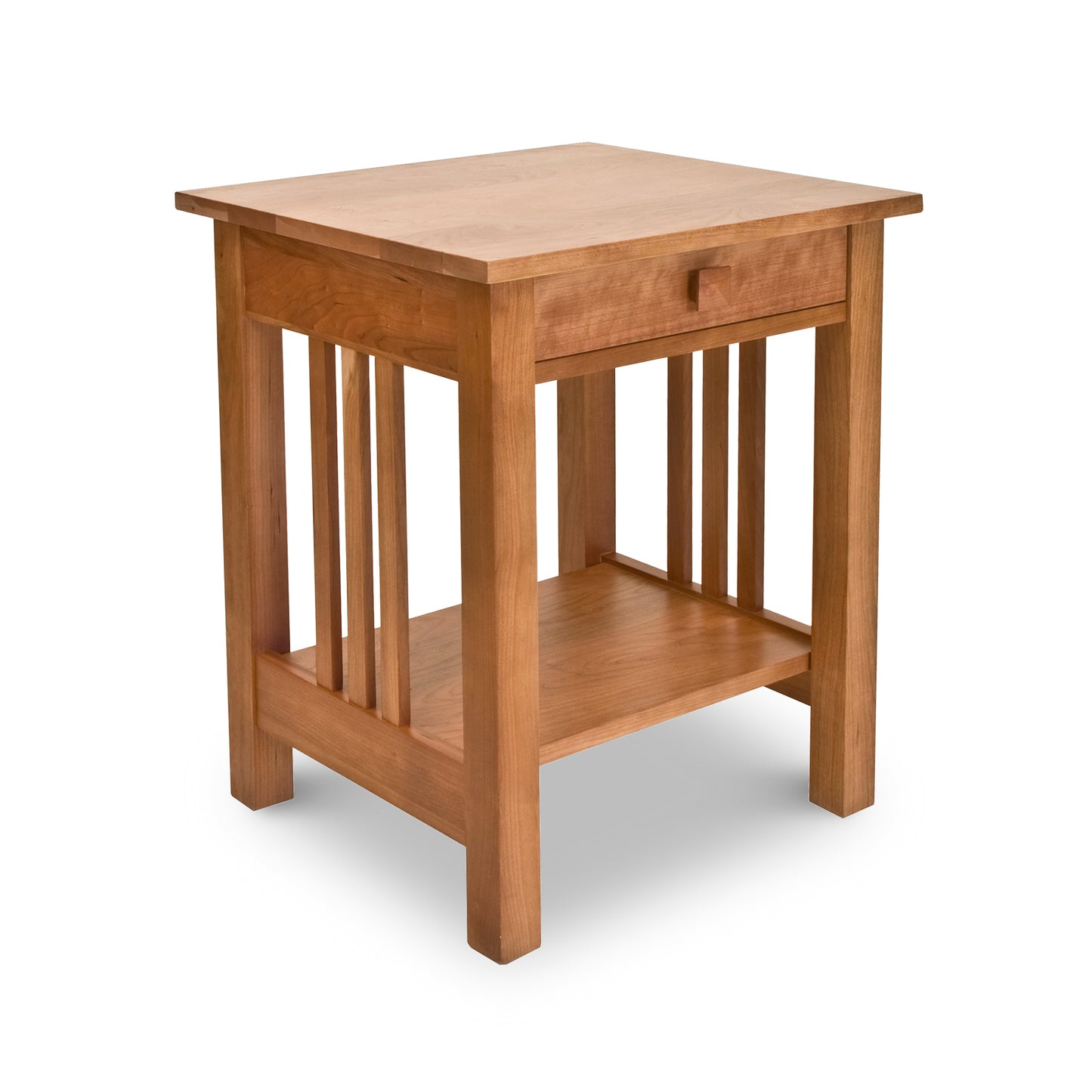 A Lyndon Furniture American Mission Nightstand made of solid wood with a shelf.