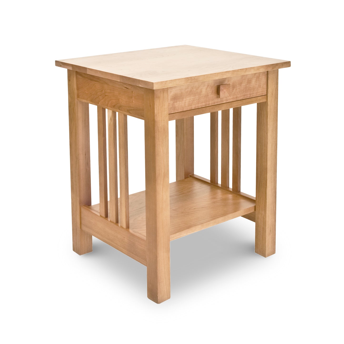 Lyndon Furniture American Mission nightstand with square top, single drawer, slatted sides, and lower shelf crafted in solid wood.