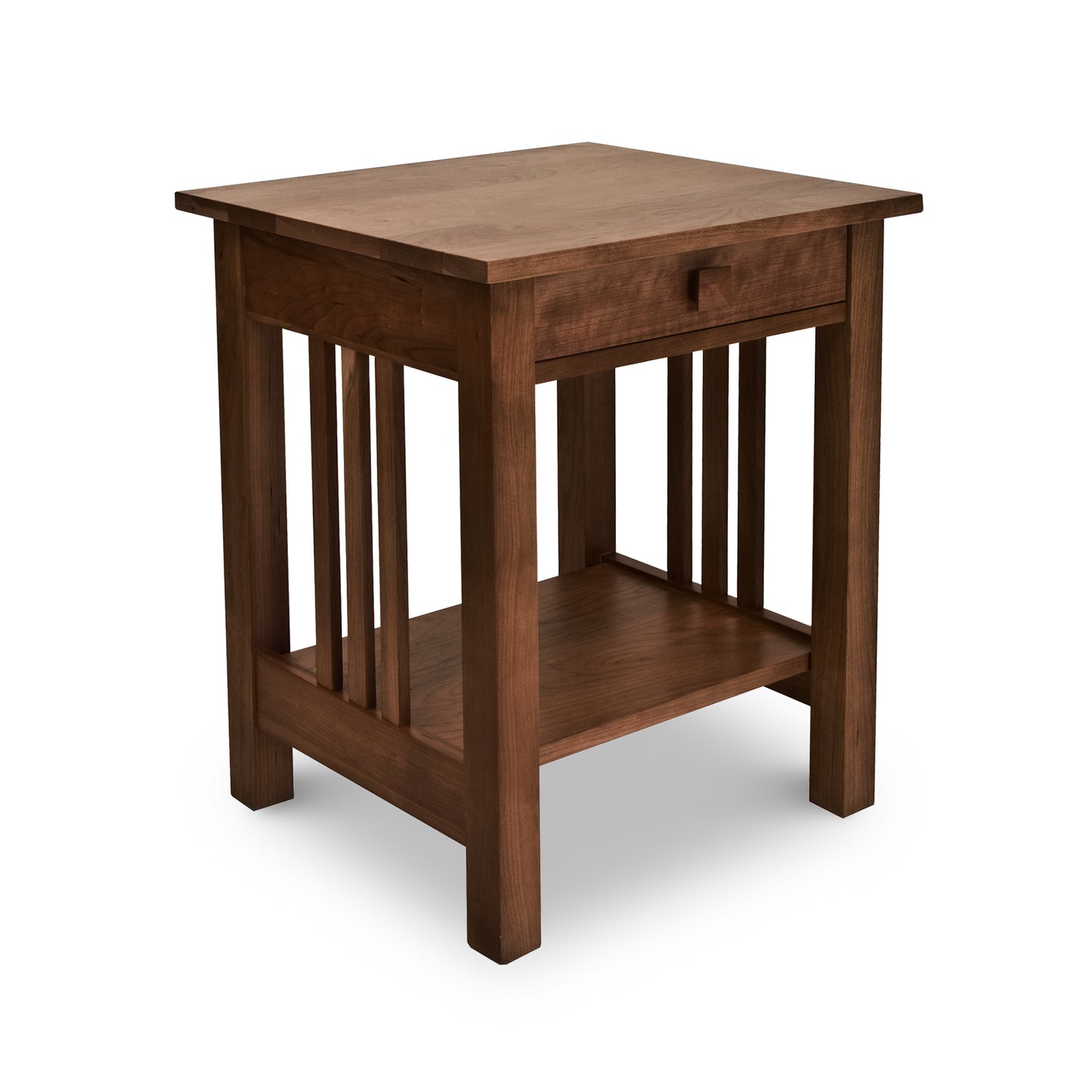 Lyndon Furniture American Mission Nightstand with square top, single drawer, side slats, and lower shelf in solid wood craftsmanship.