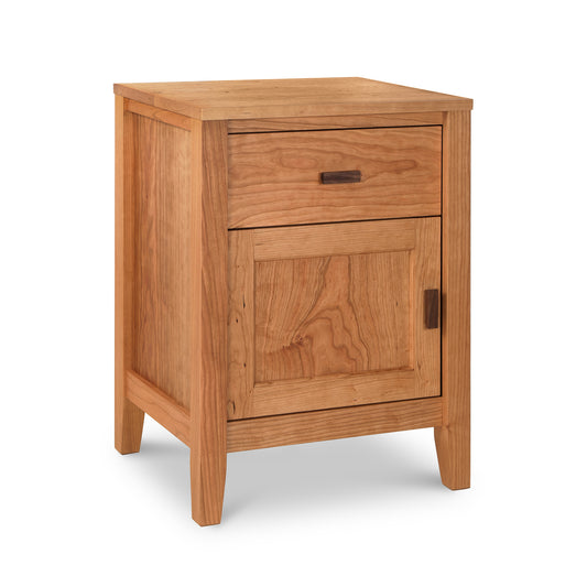 A handcrafted in Vermont Maple Corner Woodworks Andover Modern 1-Drawer Nightstand with Door, made from sustainably sourced hardwoods, isolated on a white background.