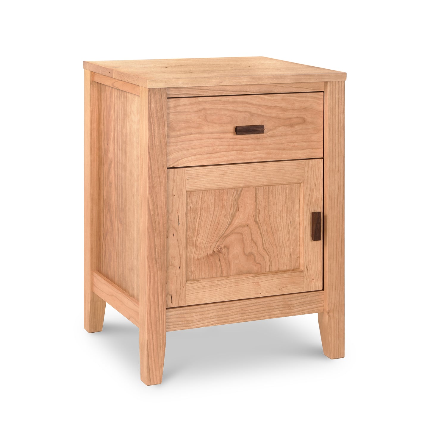 Andover Modern 1-Drawer Nightstand with Door by Maple Corner Woodworks, handcrafted in Vermont from sustainable hardwood, featuring simple black handles.