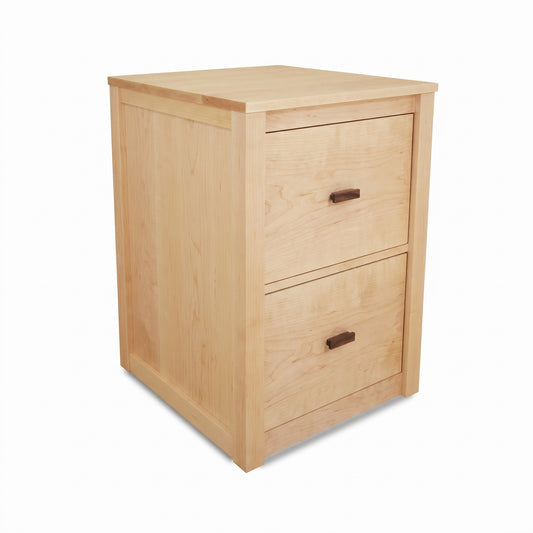 Andover Modern File Cabinet by Maple Corner Woodworks with two light wood drawers and metal handles, crafted in the USA from solid hardwood.