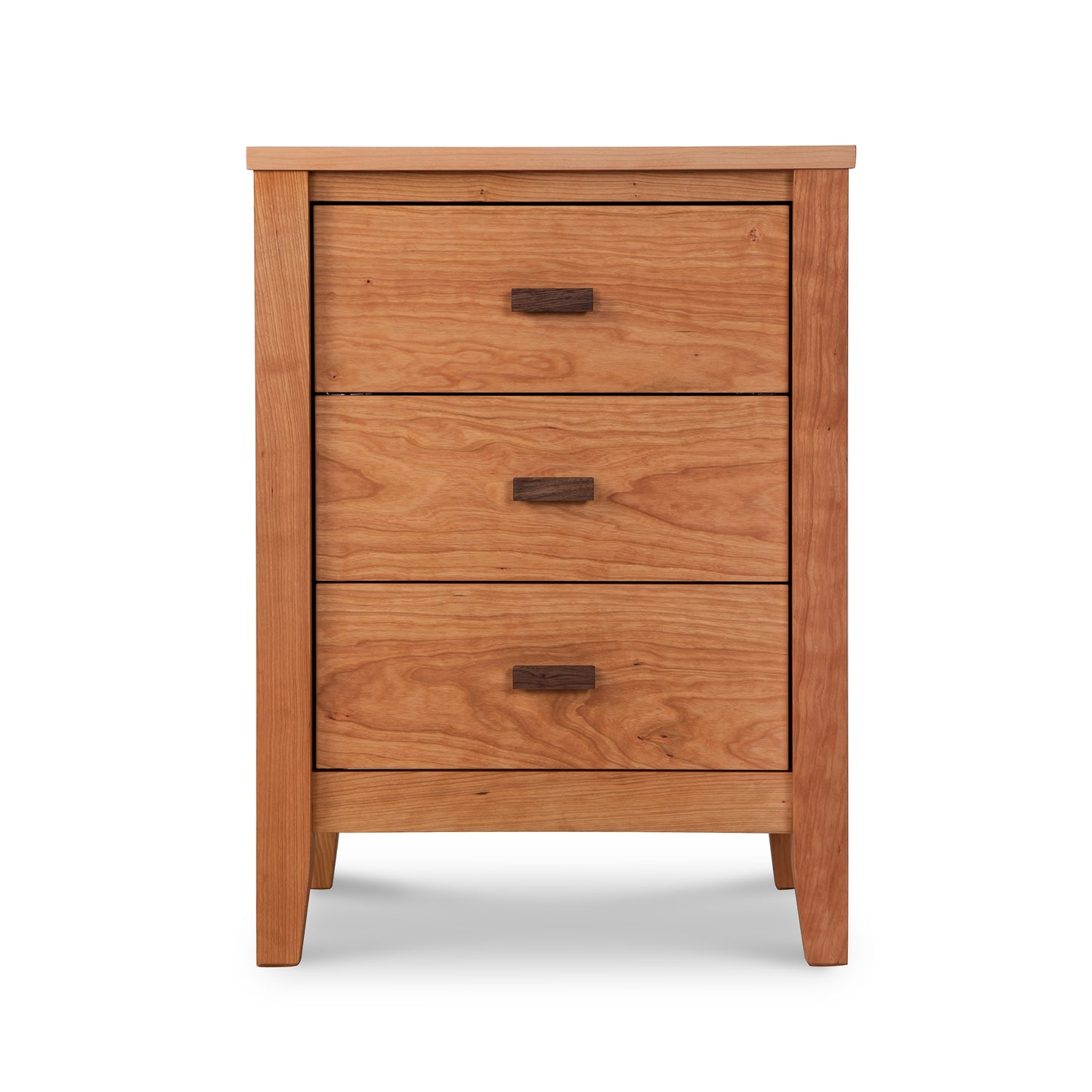 Andover Modern 3-Drawer Nightstand by Maple Corner Woodworks with a light natural finish and brown handles, crafted in Vermont with eco-friendly design and timeless elegance.