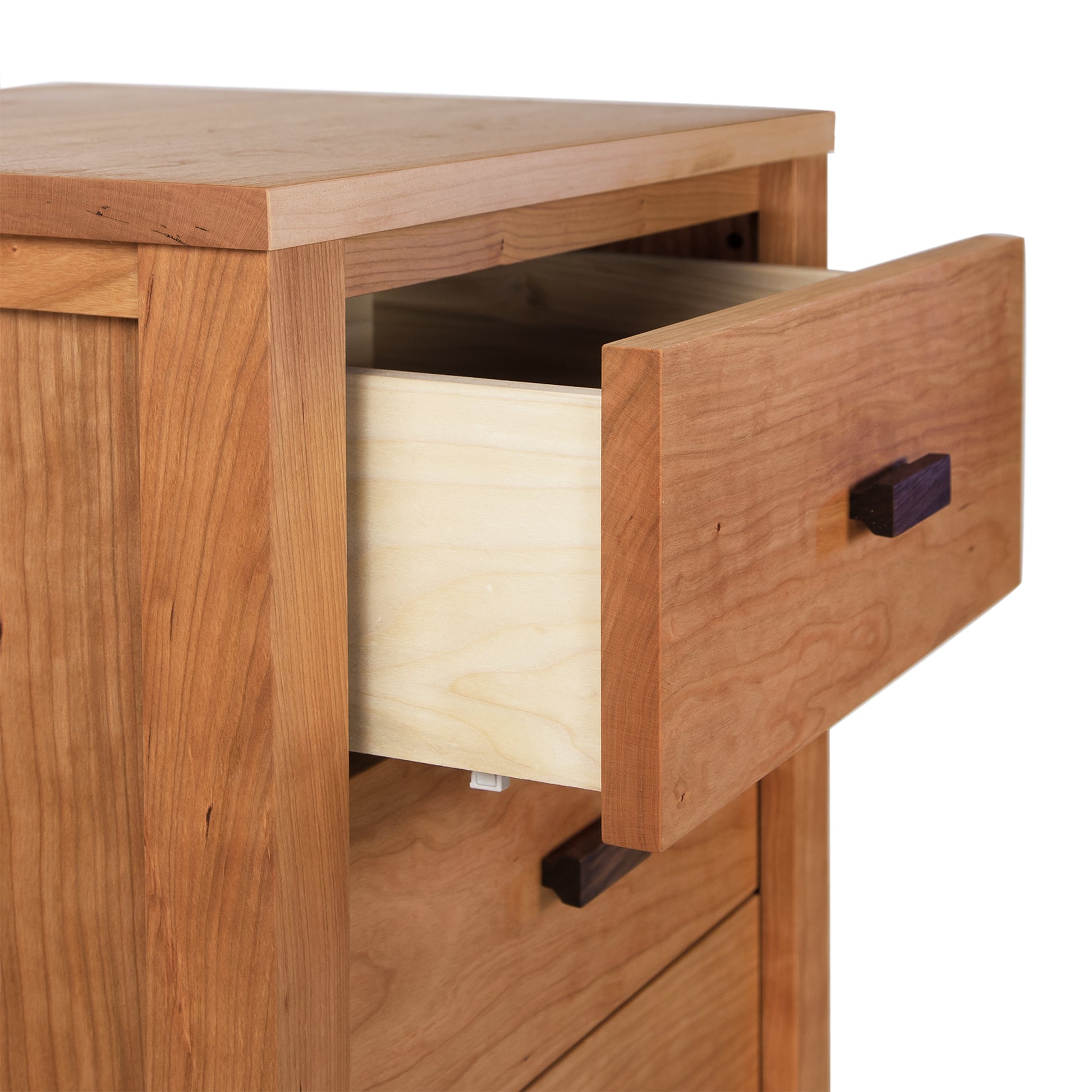 Andover Modern 3-Drawer Nightstand by Maple Corner Woodworks showcasing elegant, handcrafted Vermont furniture design with an open drawer and light-colored interior.