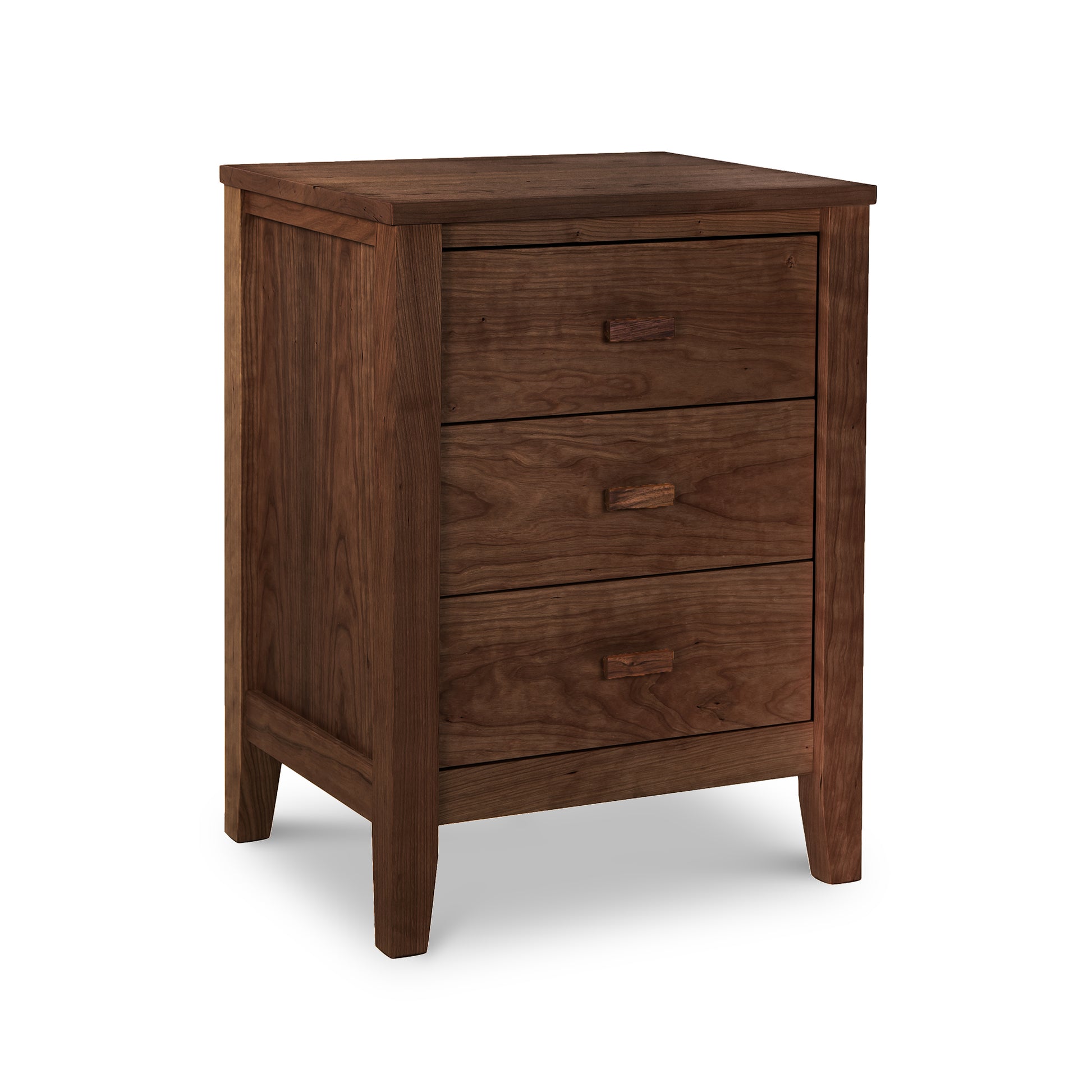 Andover Modern 3-Drawer Nightstand with dark brown finish, sleek rectangular handles, and robust legs by Maple Corner Woodworks.
