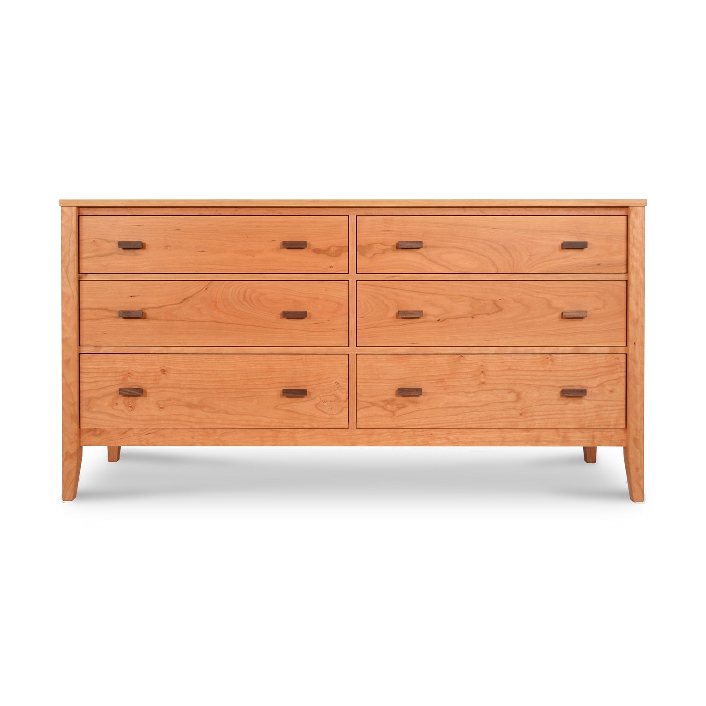 Andover Modern 6-Drawer Dresser from Maple Corner Woodworks, highlighting its sleek eco-friendly design with six drawers and contrasting dark handles against a white backdrop.