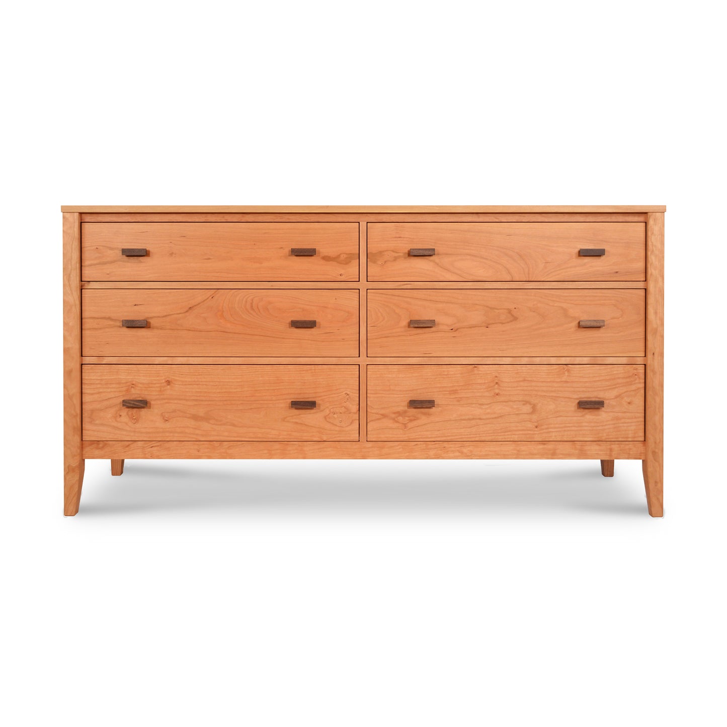 Sentence revised: A Maple Corner Woodworks Andover Modern 6-Drawer Dresser crafted from eco-friendly, natural cherry wood with simple, rectangular handles on a white background.