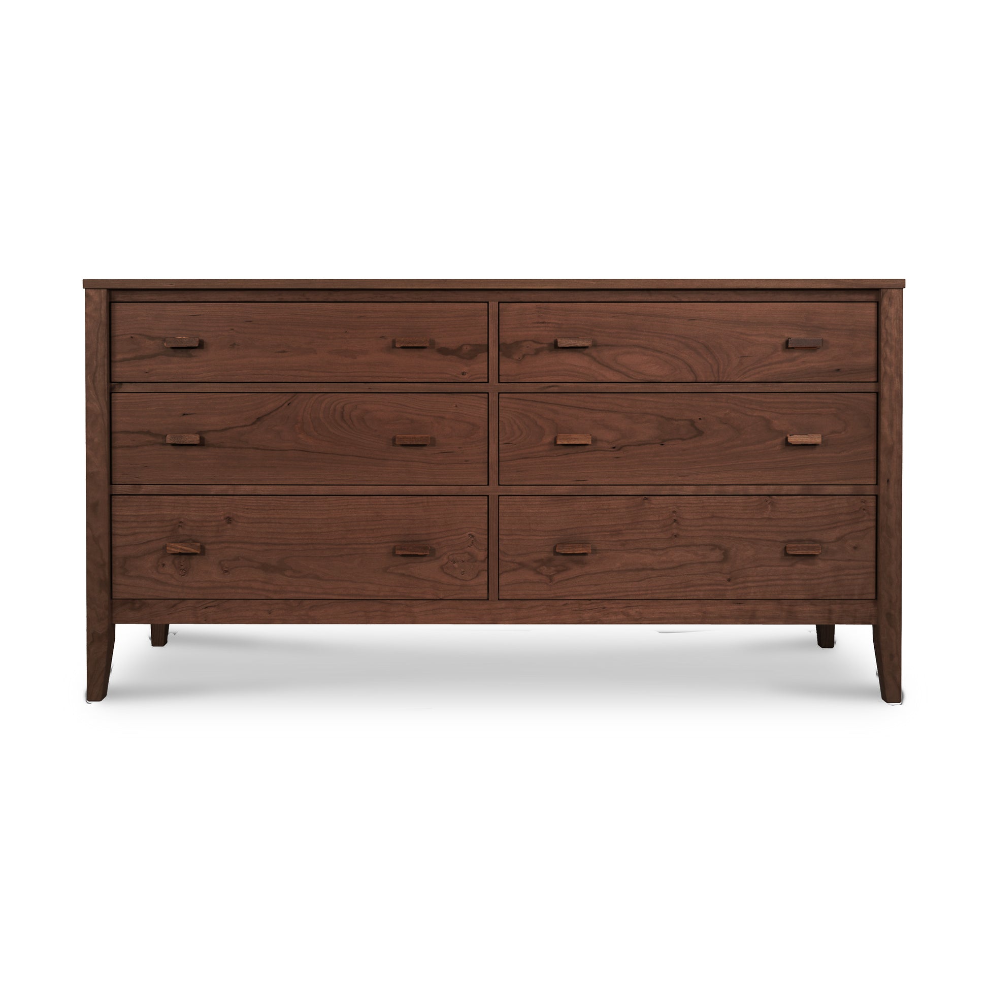 A wooden dresser with six drawers, known as the Maple Corner Woodworks Andover Modern 6-Drawer Dresser, features a rich brown finish and sleek, horizontal handles. The dresser has a minimalist design with smooth.