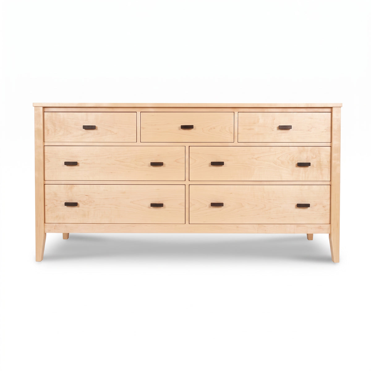 Maple Corner Woodworks Andover Modern 7-Drawer Dresser in light solid wood with dark handles, crafted in Vermont-inspired style.