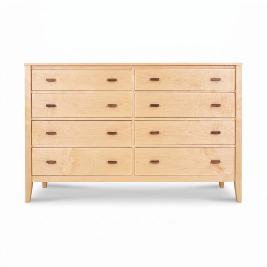 Andover Modern 8-Drawer Dresser by Maple Corner Woodworks, solid hardwood, dark brown pulls, sturdy four-leg base. American made quality furniture.