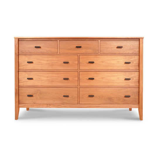 An Maple Corner Woodworks Andover Modern 9-Drawer Dresser, crafted from eco-friendly materials, features multiple drawers and metal handles, isolated on a white background.