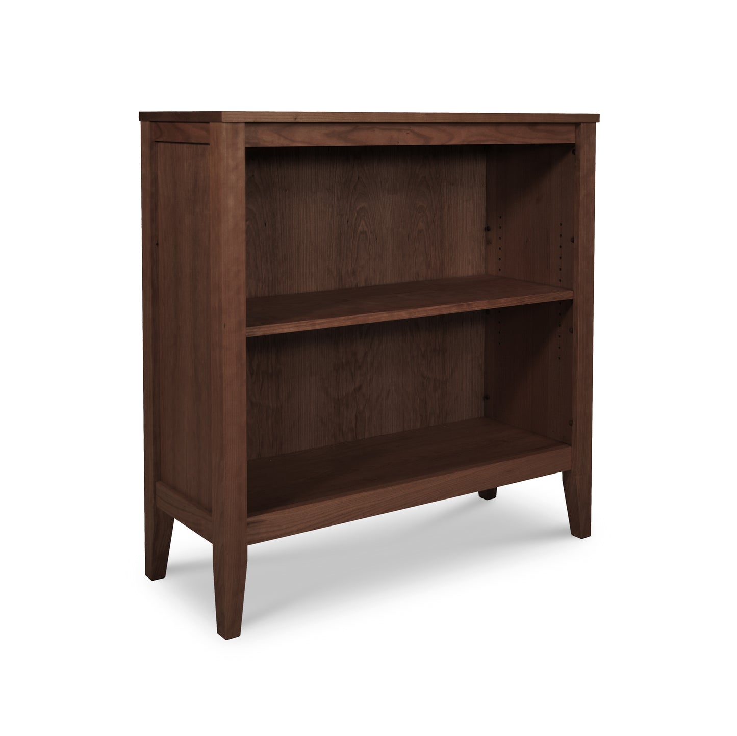 An Maple Corner Woodworks Andover Modern Bookcase, handcrafted from eco-friendly materials, featuring two shelves, isolated on a white background.