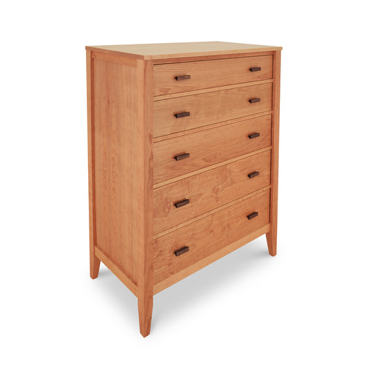 A Maple Corner Woodworks Andover Modern 5-Drawer Chest with a simple, sleek design and distinctive natural cherry walnut grain, isolated on a white background.