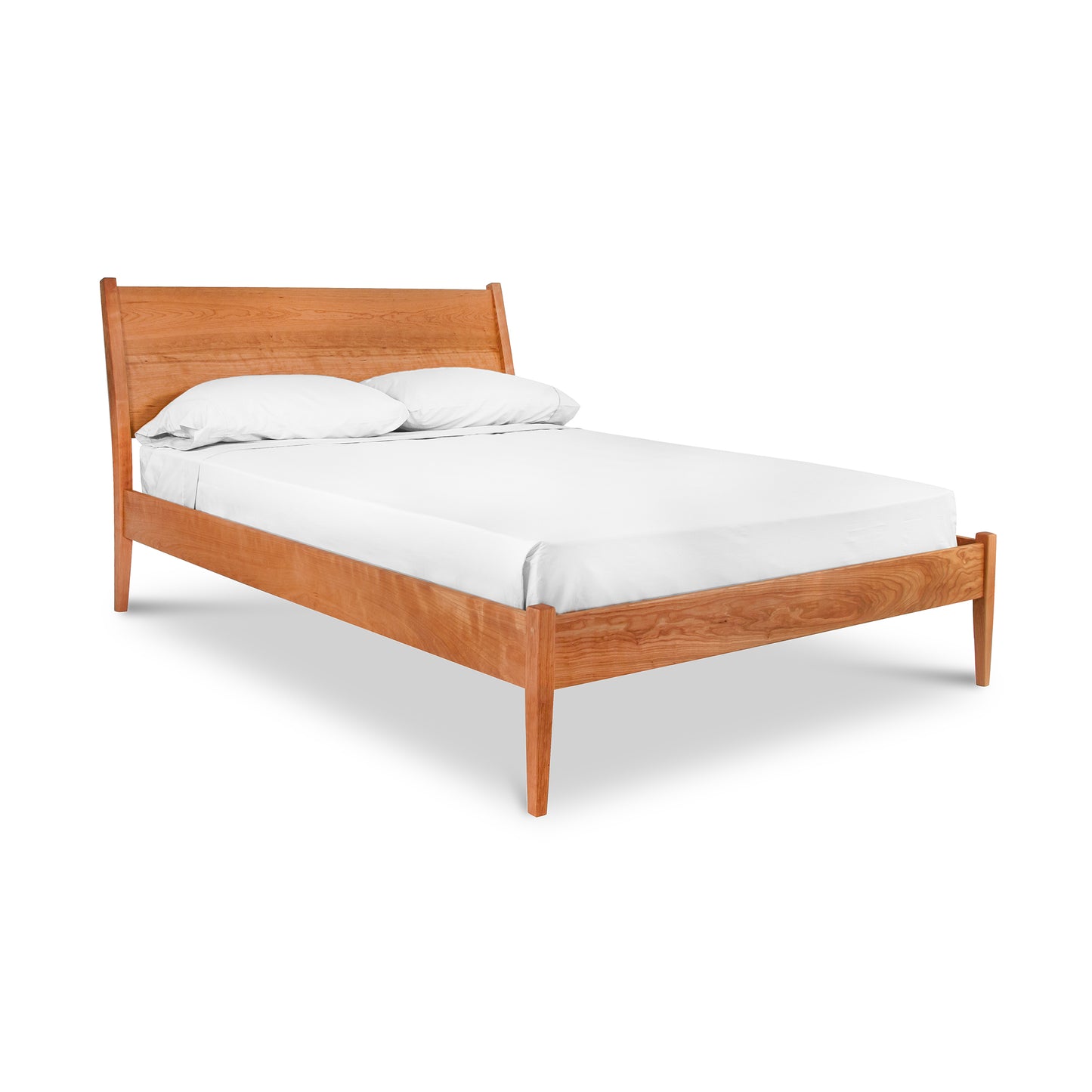 A Maple Corner Woodworks Andover Modern Incline Bed with a simple, modern design featuring a slanted headboard, supporting a white mattress and two pillows. The bed is set against a plain white background.