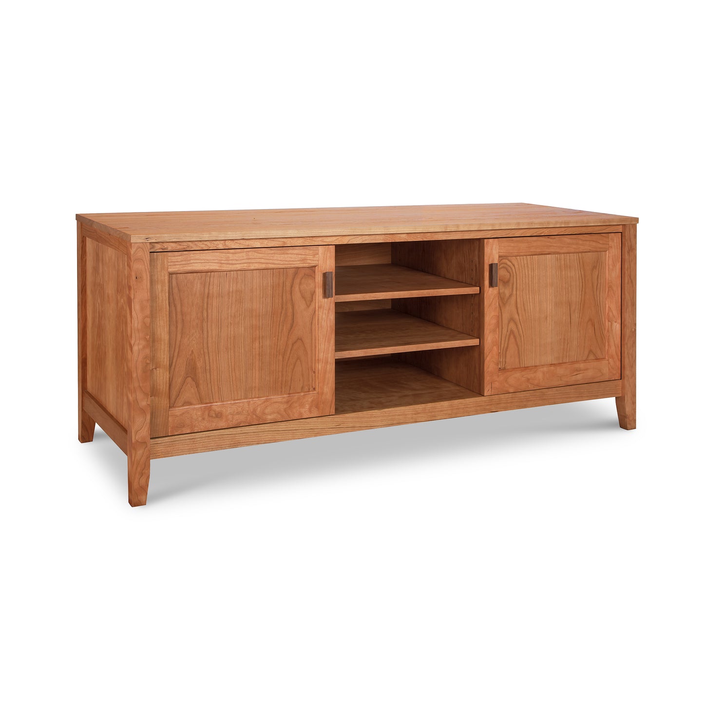 Andover Modern 64" TV Stand by Maple Corner Woodworks, highlighting its sleek design with two sliding doors and three open shelves crafted from sustainable hardwood.