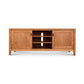 A Maple Corner Woodworks Andover Modern 64" TV Stand with a long, rectangular shape, featuring two side cabinets and central shelves, all set against a white background.