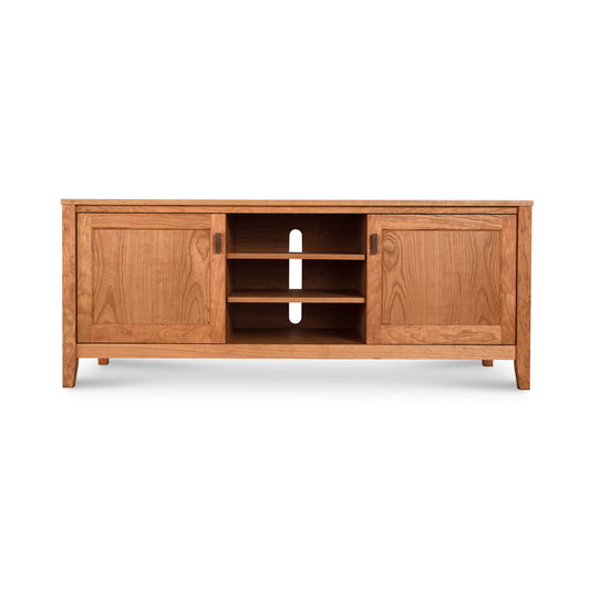 Andover Modern 64" TV Stand by Maple Corner Woodworks, made from sustainable hardwood with two enclosed cabinets and three central open shelves for media storage.