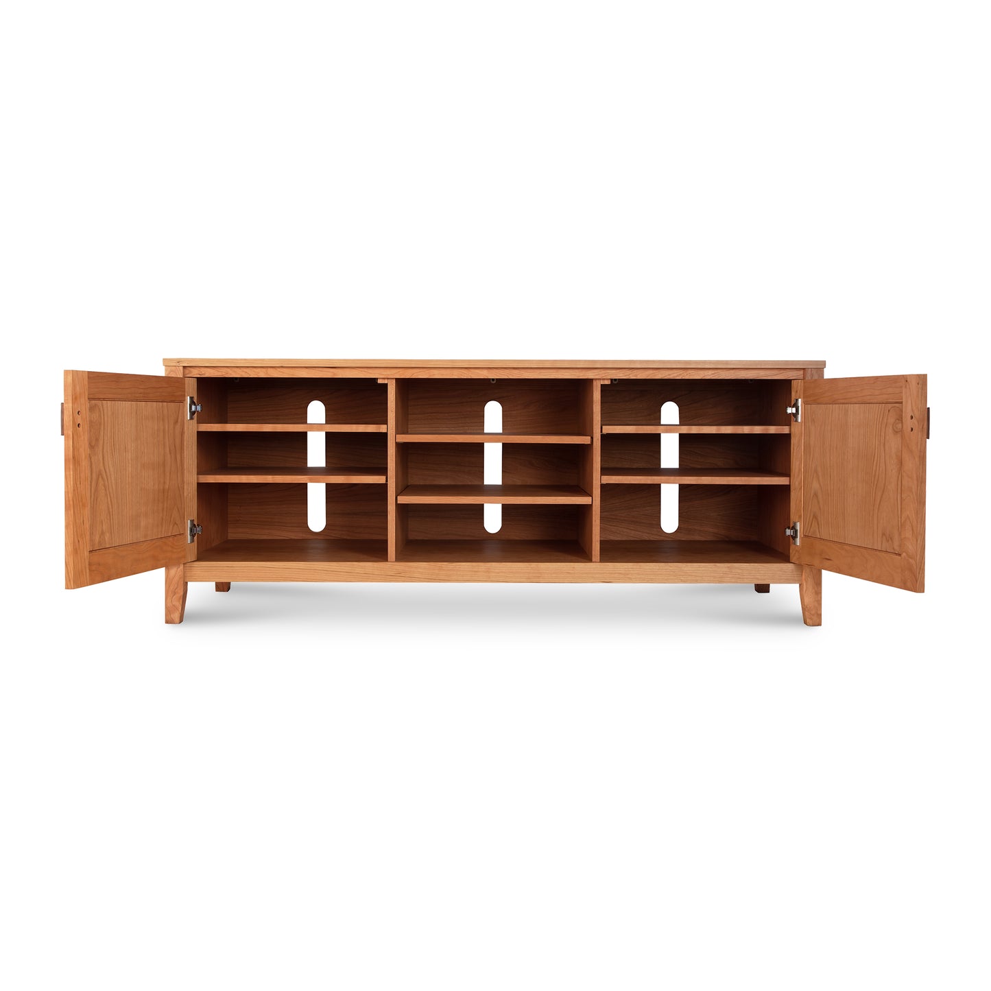 Andover Modern 64" TV Stand by Maple Corner Woodworks, crafted in Vermont with sustainable hardwood, featuring a wooden structure, two open doors, shelves, and cable management holes.