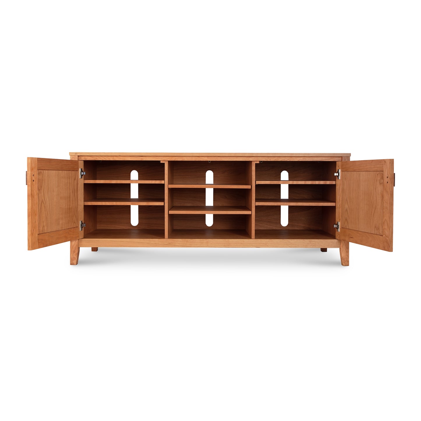 A long, wooden TV stand with multiple open compartments and side cabinets open, showcasing interior shelves from the Andover Modern 64" TV Stand by Maple Corner Woodworks. The stand is featured against a plain white background.