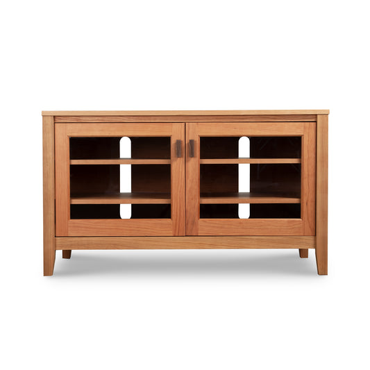 Andover Modern 45" TV Stand by Maple Corner Woodworks with glass doors, two shelves, and handcrafted from sustainable American hardwood.