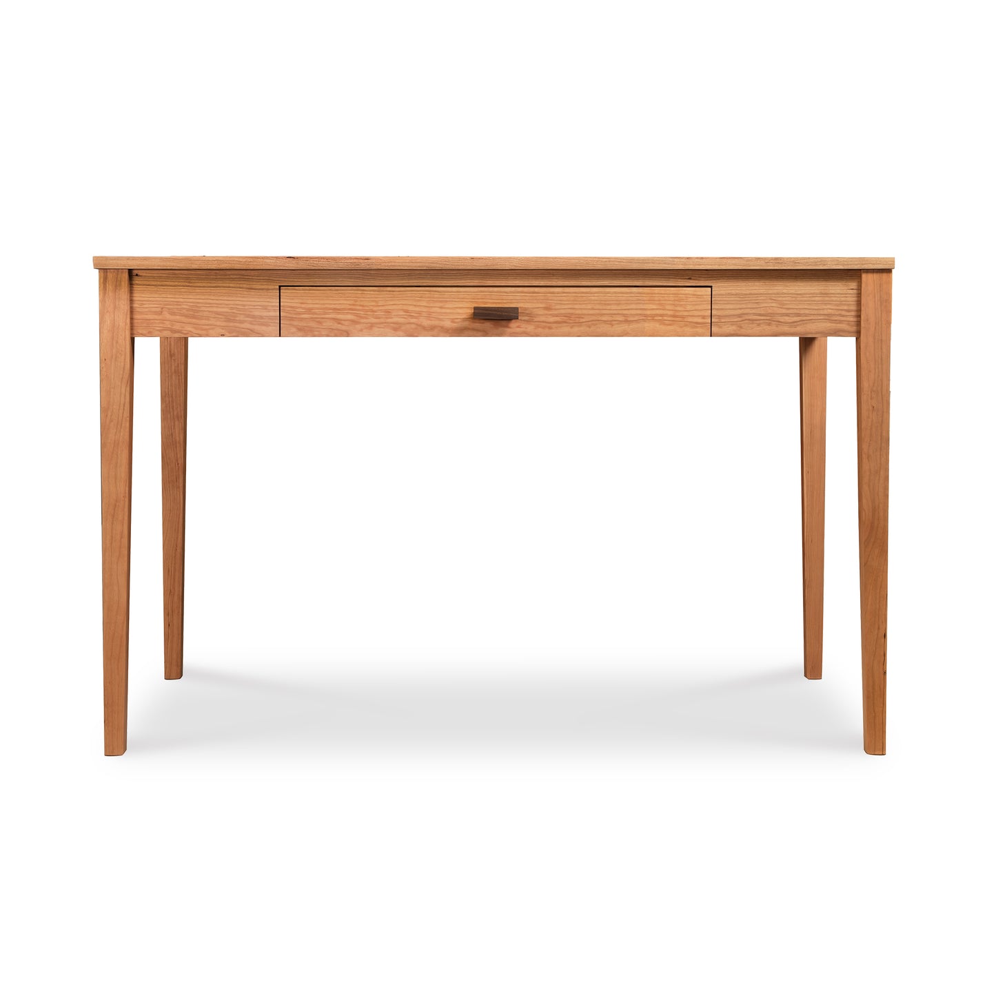 Maple Corner Woodworks Andover Modern Writing Desk, a solid wood writing desk with a single central drawer, standing on four legs, isolated against a white background.