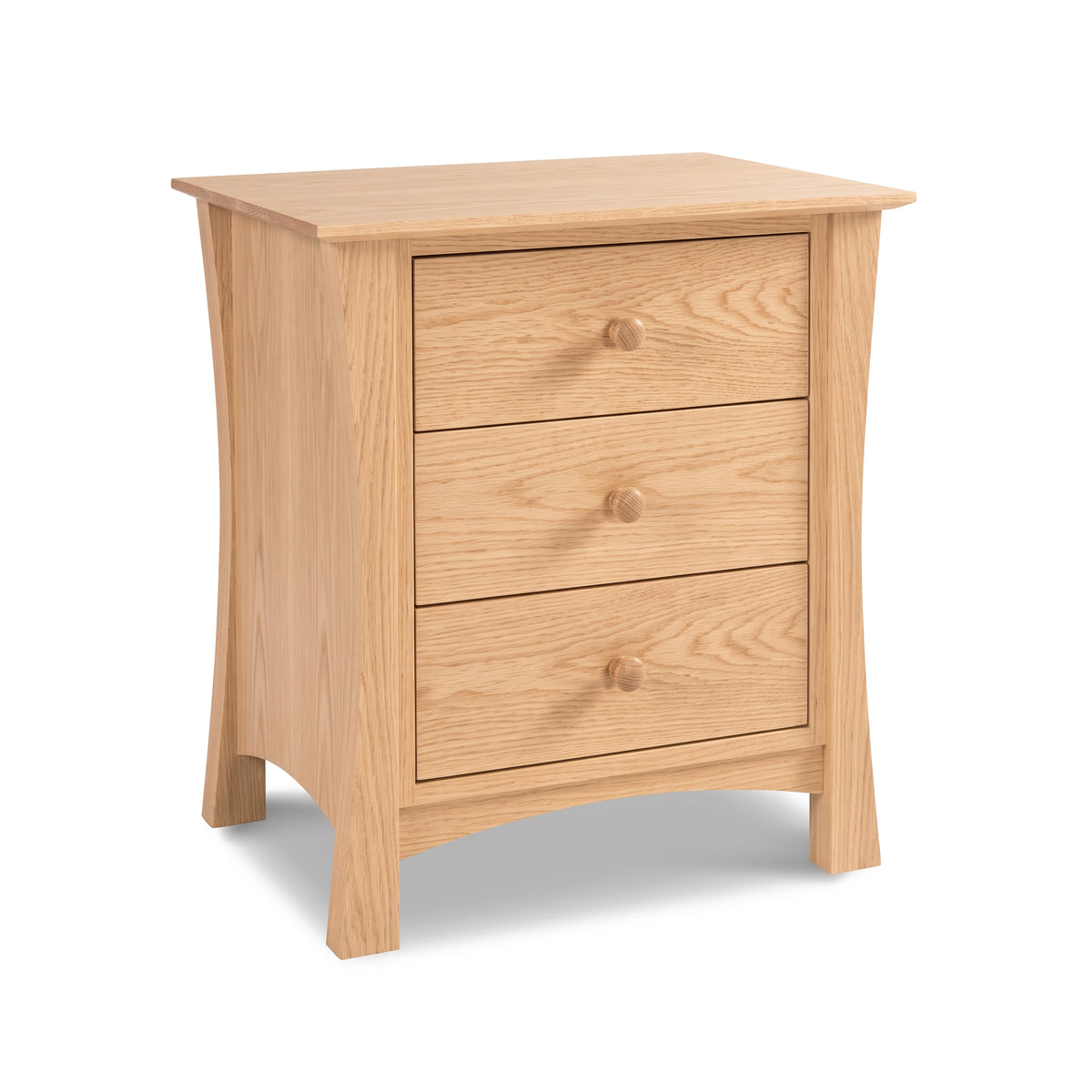 Andrews 3-Drawer Nightstand by Lyndon Furniture with round knobs, curved legs, and light wood finish perfectly showcases American craftsmanship.