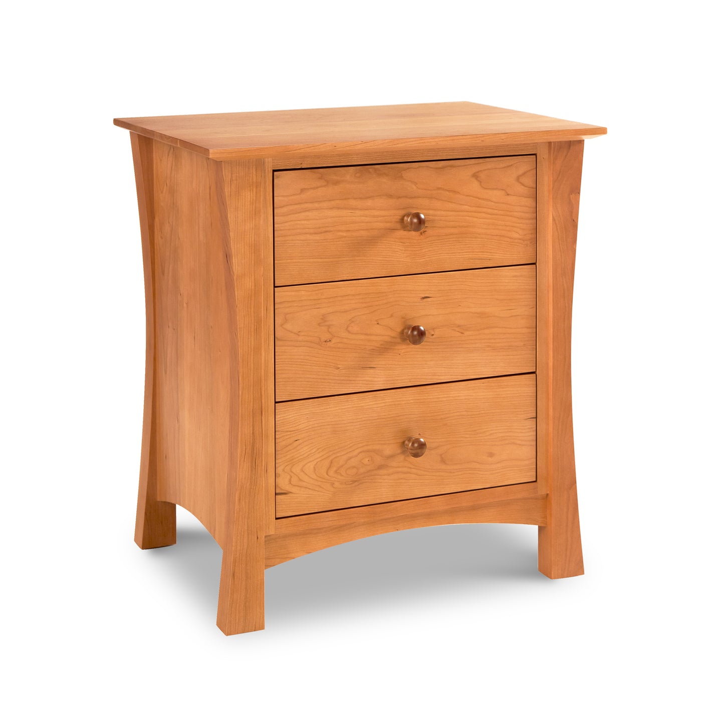 Andrews 3-Drawer Nightstand by Lyndon Furniture in natural cherry with round knobs, highlighting its smooth finish and clean lines.