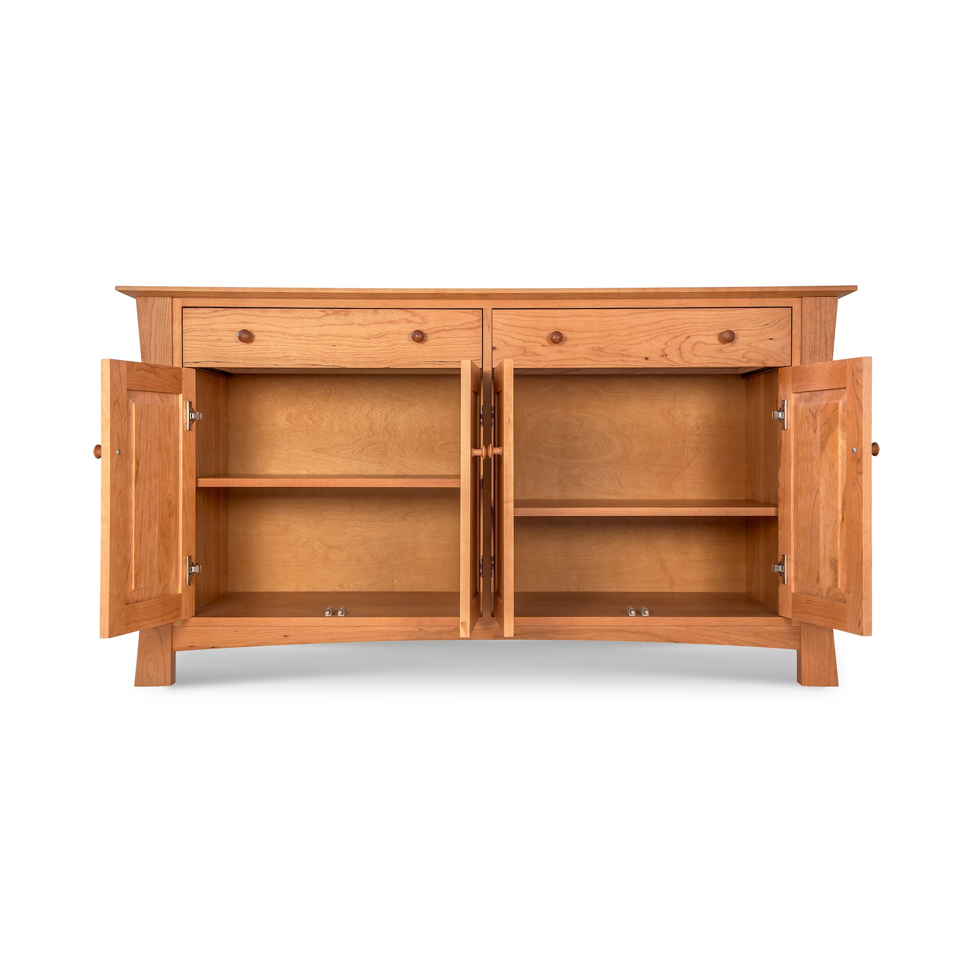 A Lyndon Furniture Andrews Buffet, a contemporary kitchen sideboard with two doors and two drawers, made of natural cherry wood.
