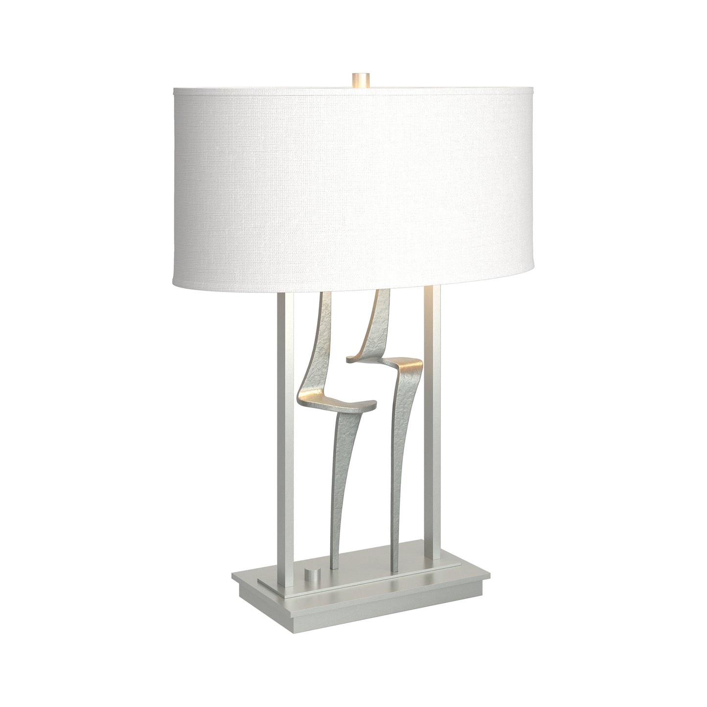 Antasia #1 Table Lamp by Hubbardton Forge with a sculptural metallic base and white rectangular shade, showcasing modern handcrafted design.