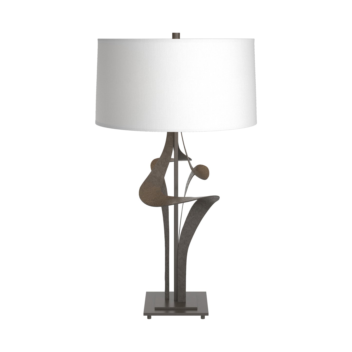 Antasia #2 Table Lamp by Hubbardton Forge with sculptural dark smoke metal base and natural Anna shade, crafted in a distinctive square design.