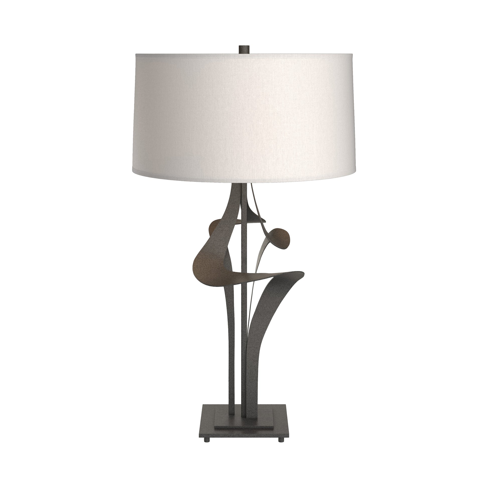 Antasia #2 Table Lamp by Hubbardton Forge with a sculptural black metal base and white drum shade, crafted in a modern, artistic design.