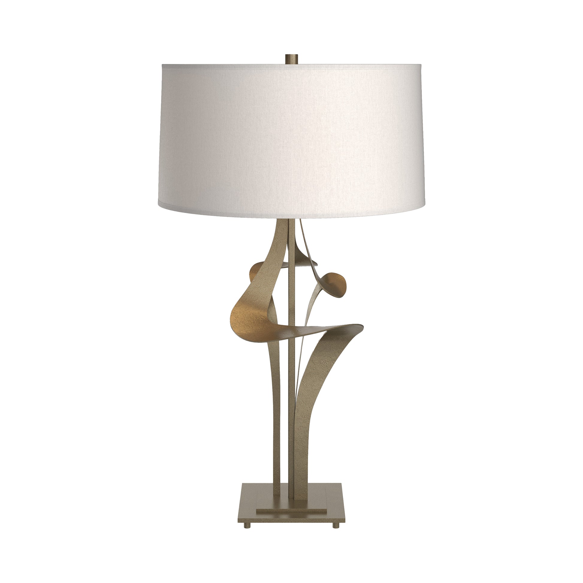 Antasia #2 Table Lamp by Hubbardton Forge with a sculptural gold base and white cylindrical shade, showcasing handcrafted American furniture design.