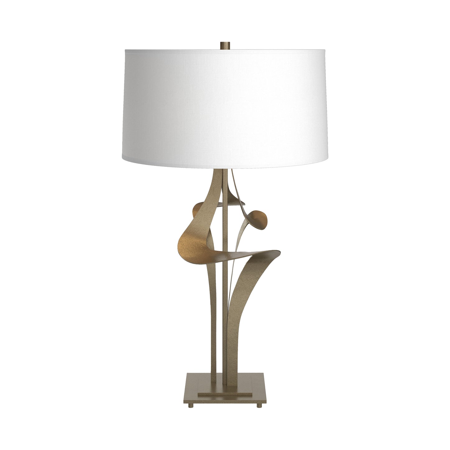 Hubbardton Forge Antasia #2 Table Lamp with sculptural handcrafted metallic base and white drum shade, showcasing artisan-made American furniture design.