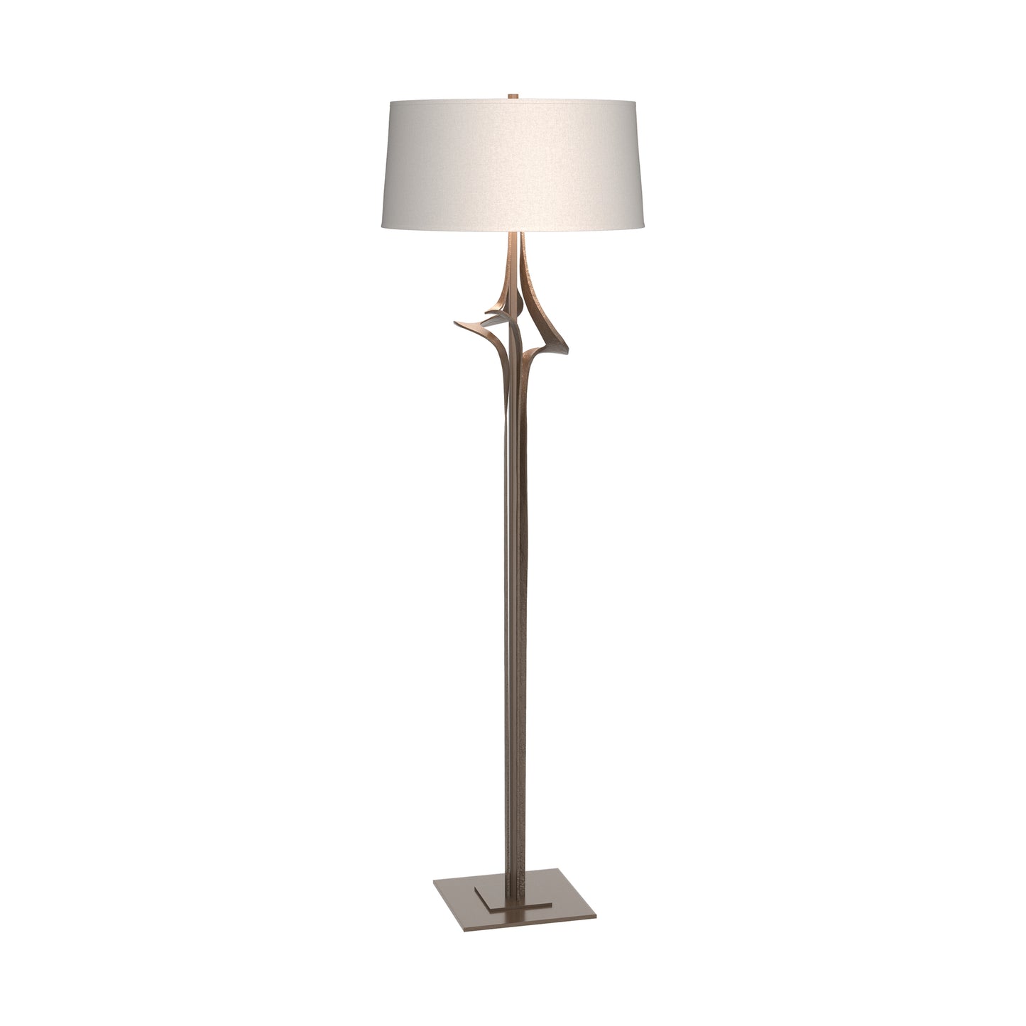 Antasia Floor Lamp by Hubbardton Forge with sculptural metallic base and white drum shade, highlighting elegant craftsmanship and modern design.