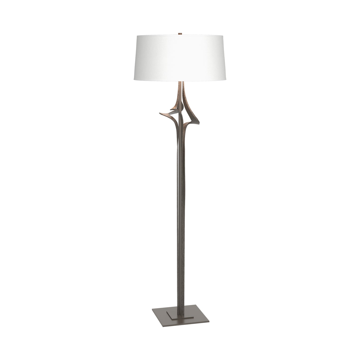 Antasia Floor Lamp by Hubbardton Forge with a white drum shade and sculptural soft gold base, showcasing modern American craftsmanship and elegant design.