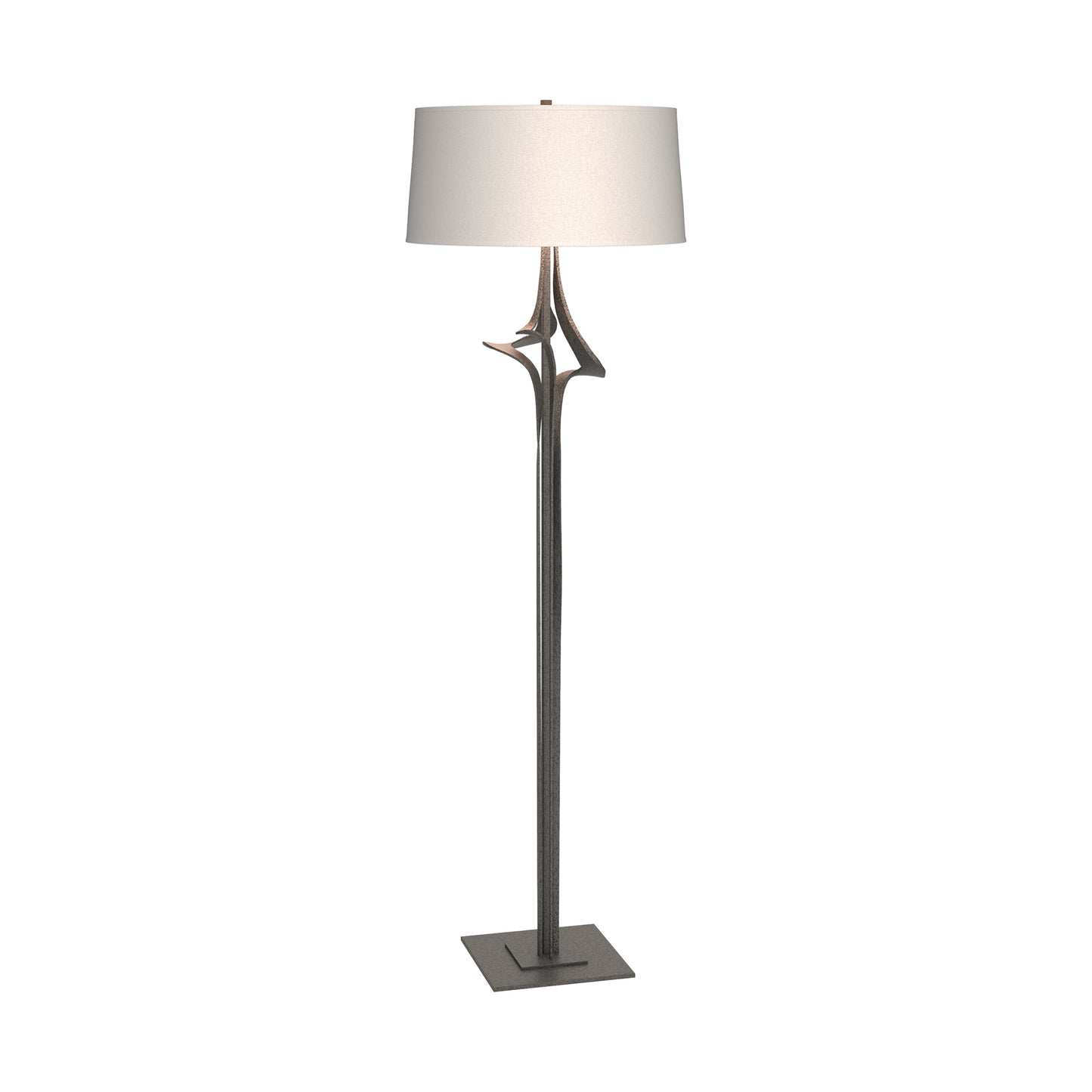 Antasia Floor Lamp by Hubbardton Forge with a square base, slim metal stand, and white cylindrical shade, showcasing elegant contemporary design.