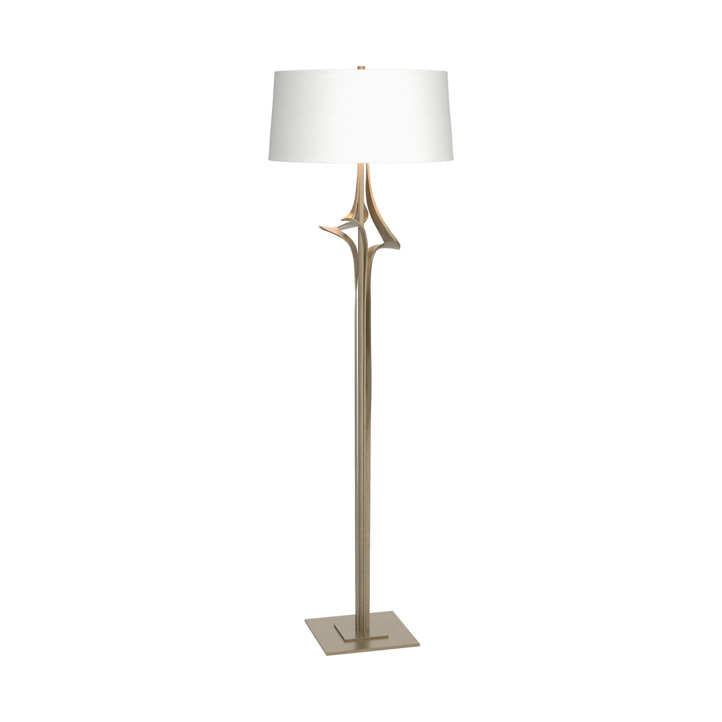 Antasia Floor Lamp by Hubbardton Forge featuring a handcrafted, sturdy base and a sleek white cylindrical shade, showcasing elegant modern design.