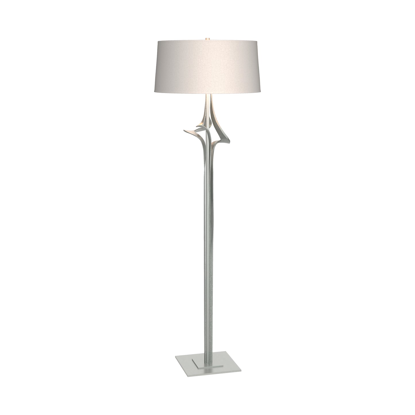 Hubbardton Forge Antasia Floor Lamp with sculptural silver stem and white drum shade, showcasing elegant American craftsmanship.