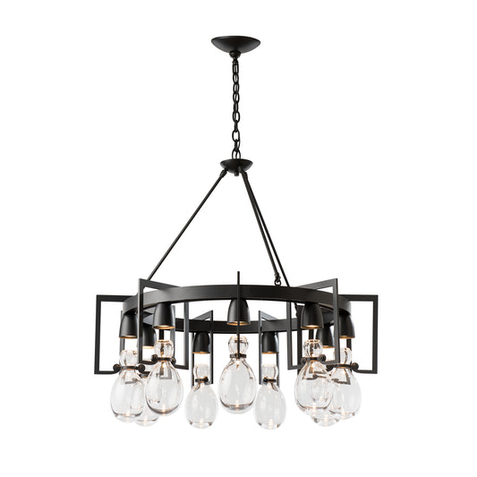 An Apothecary Circular Chandelier by Hubbardton Forge, adorned with hand-blown glass clear bulbs.