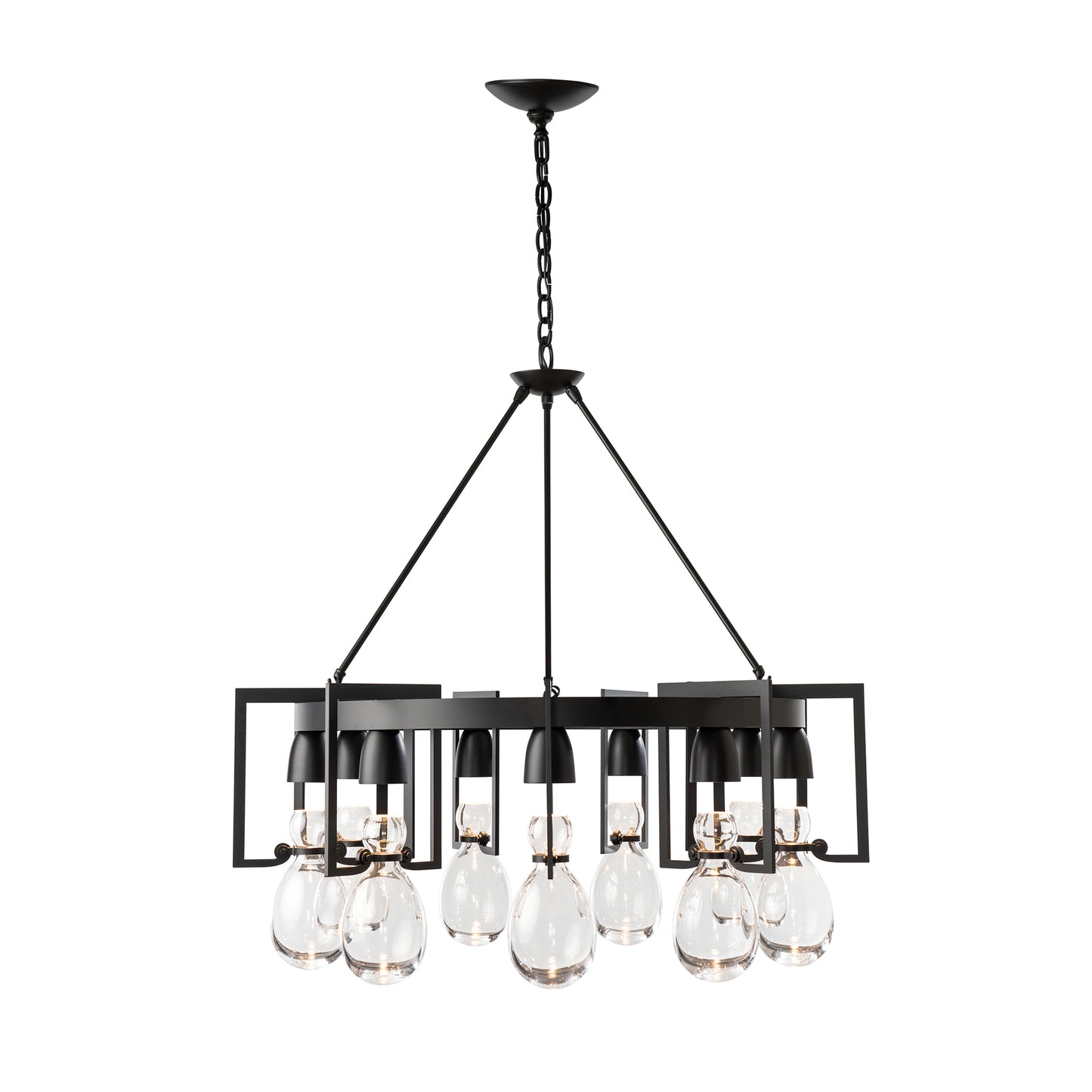 Hubbardton Forge Apothecary Circular Chandelier with black metal frame and hand-blown clear glass bulb covers.