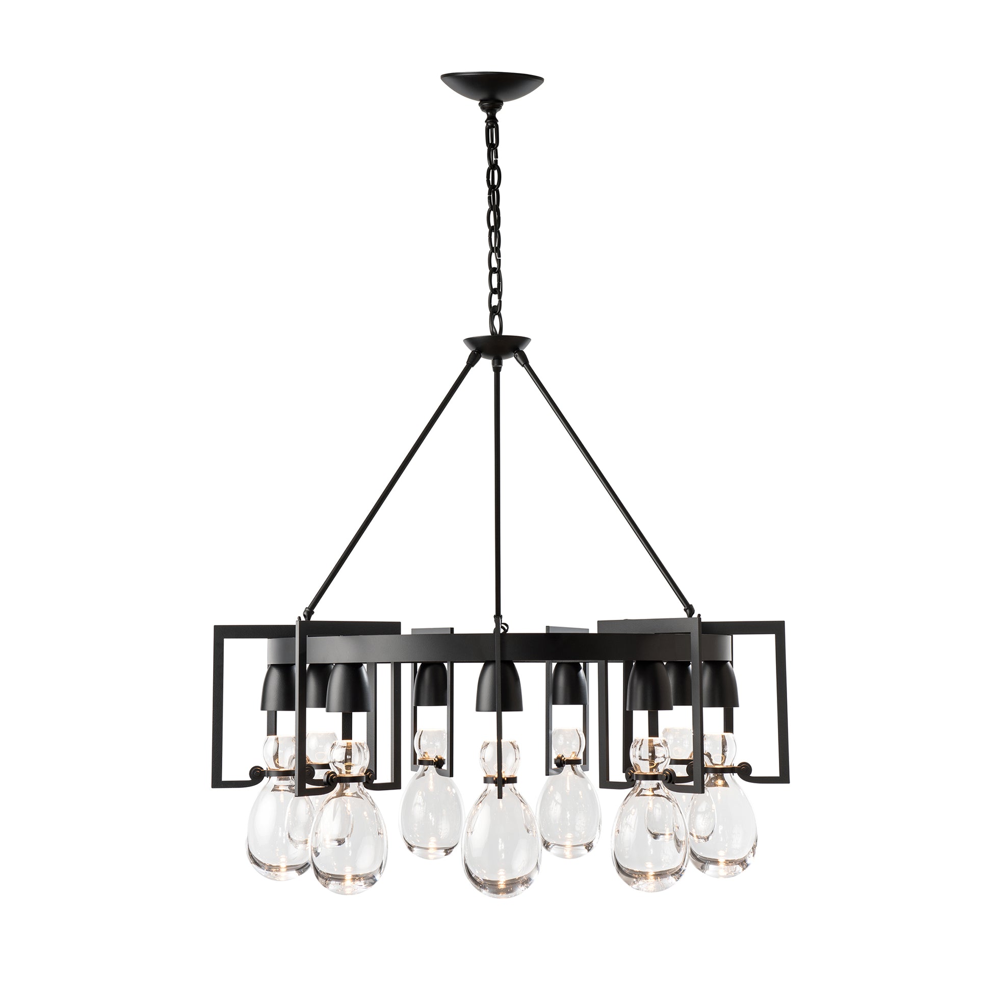 Hubbardton Forge Apothecary Circular Chandelier with black metal frame and hand-blown clear glass bulb covers.