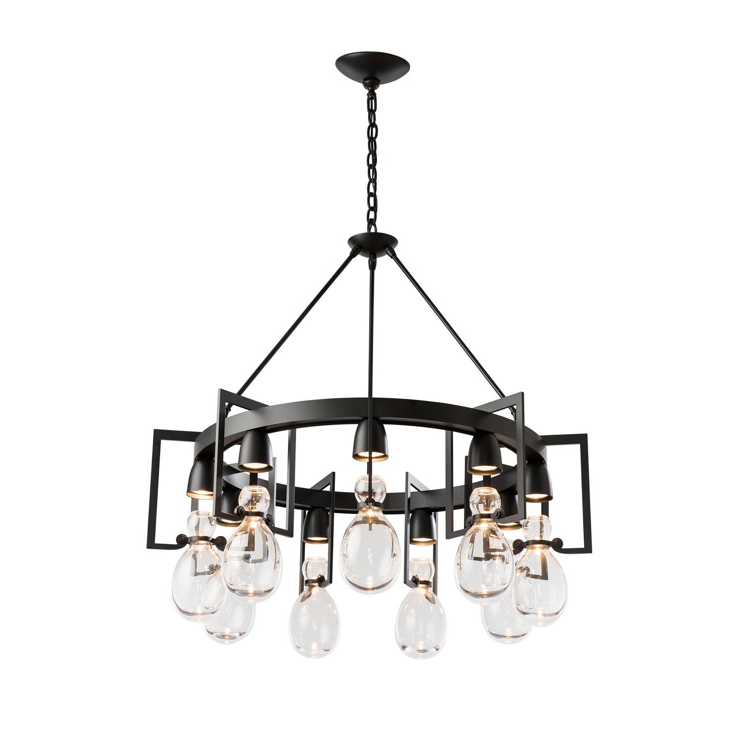 Hubbardton Forge Apothecary Chandelier with 12 hand-blown clear glass lamps on sleek black metal frame showcasing intricate design and craftsmanship.