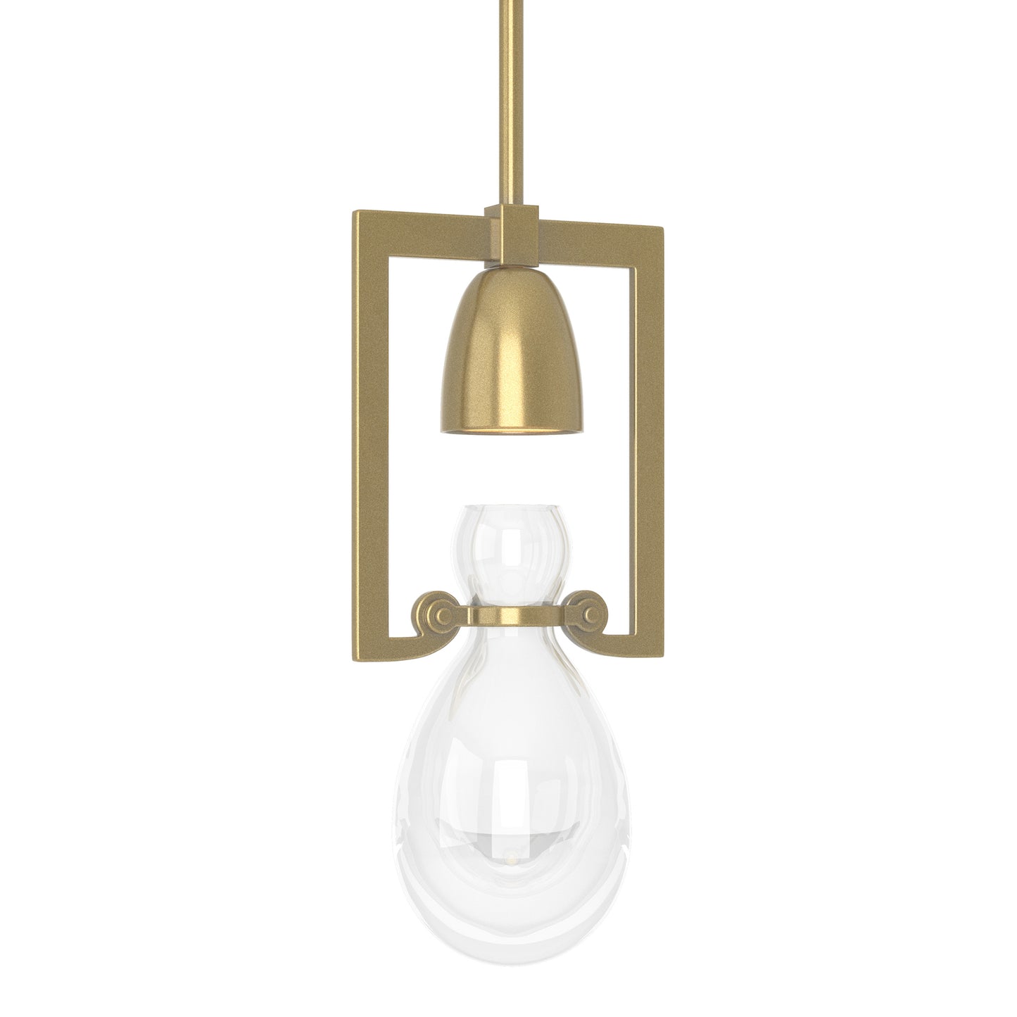 Hubbardton Forge Apothecary Mini Pendant with gold fixture and hand-blown glass teardrop shade, showcasing elegant American-made lighting design.