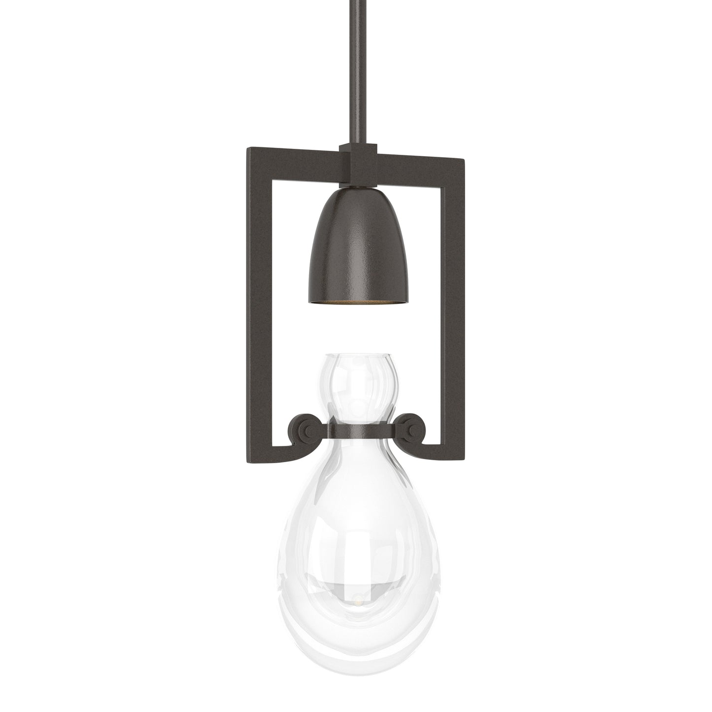 Hubbardton Forge Apothecary Mini Pendant with black frame and hand-blown clear glass teardrop shade, suspended from a black rod.