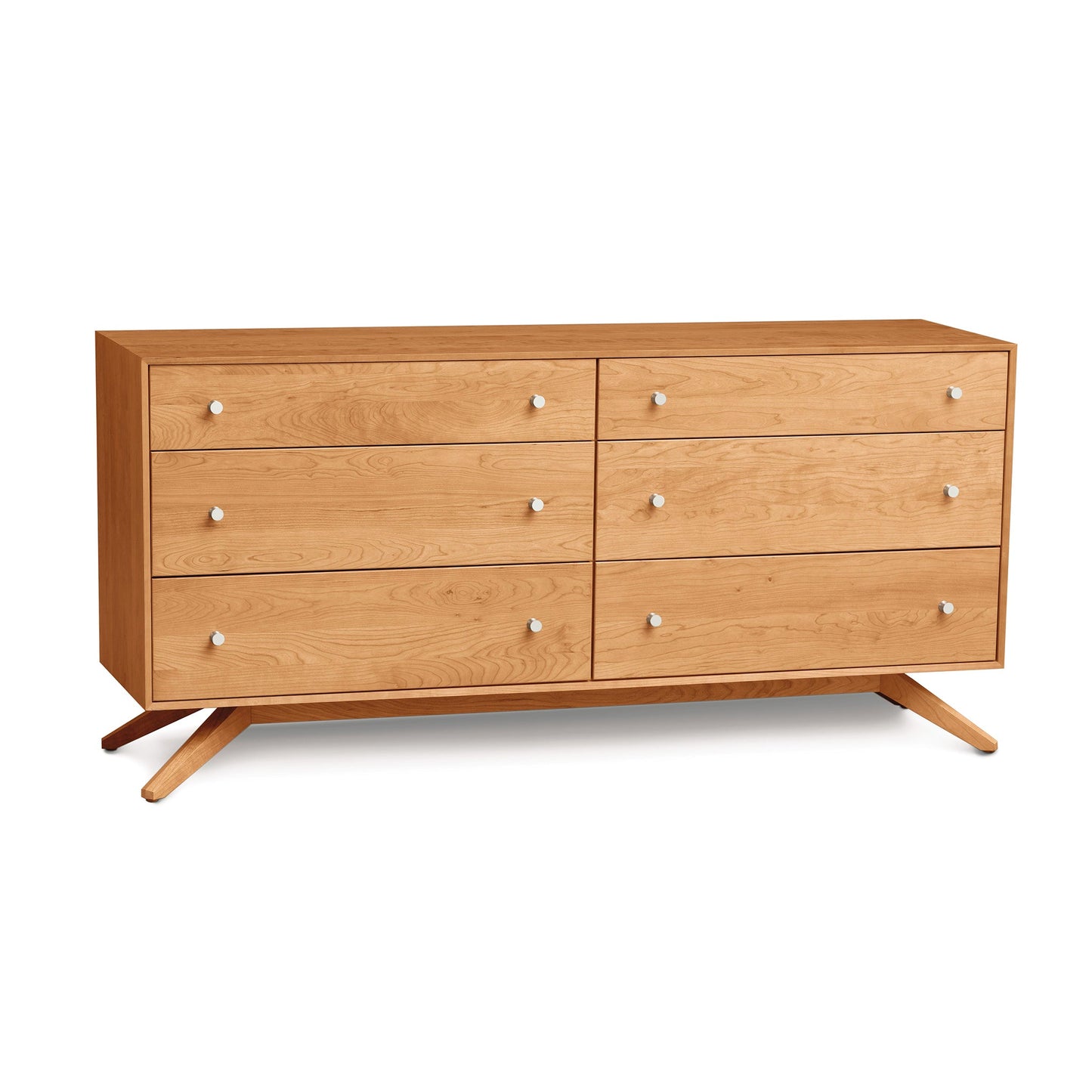 A wooden dresser with drawers on a white background.