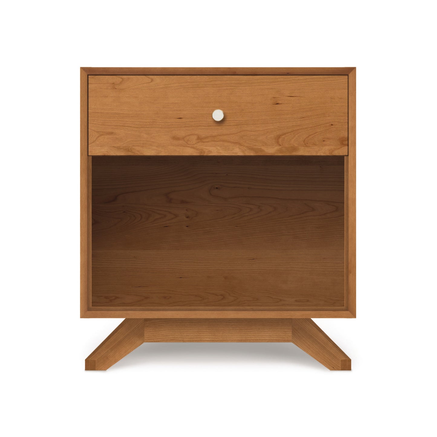 Copeland Furniture Astrid nightstand with 1 drawer and enclosed shelf, handcrafted from solid hardwood in Vermont with distinct angled legs.