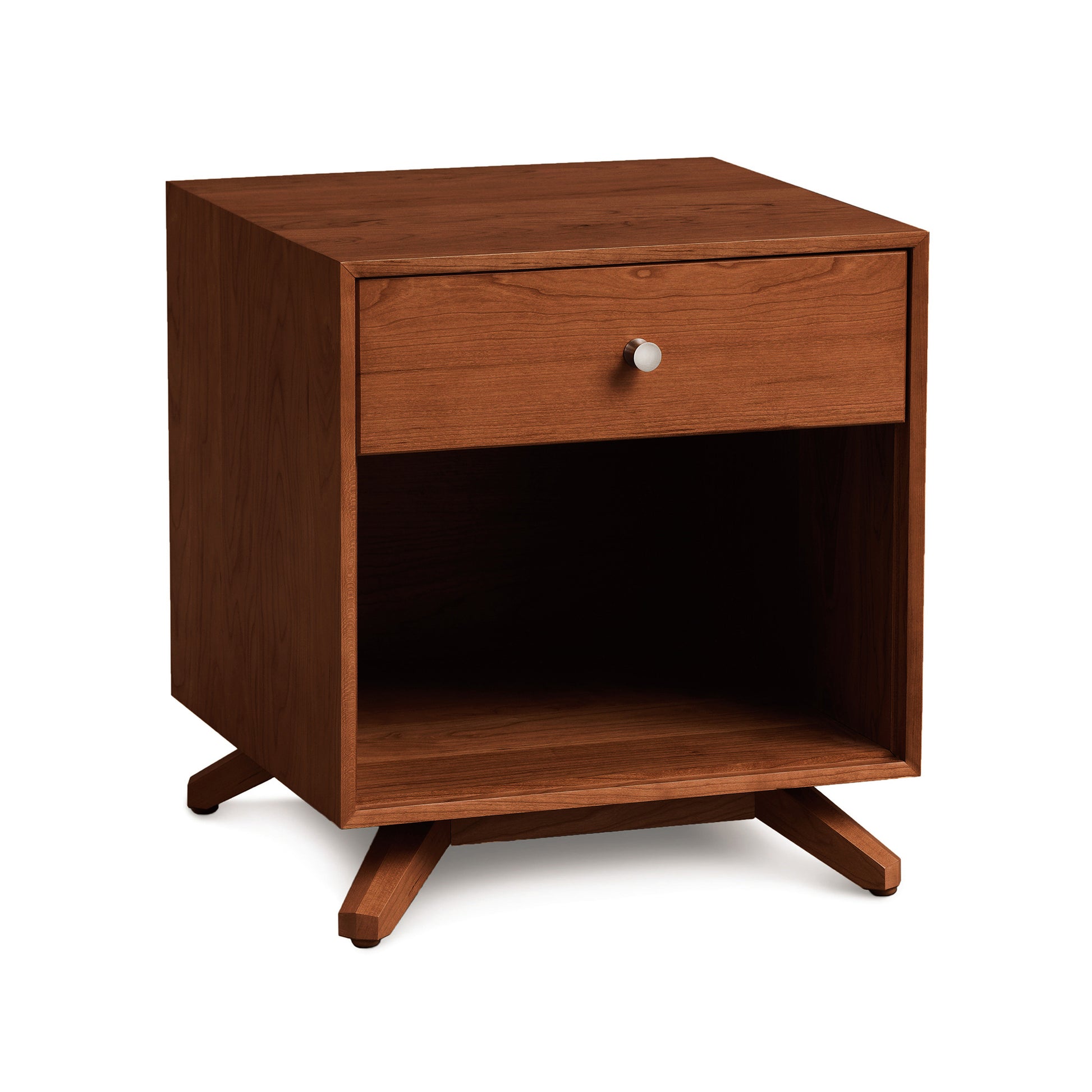 Astrid Nightstand by Copeland Furniture featuring eco-friendly design, single drawer with round knob, open shelf, and distinctive angled legs.