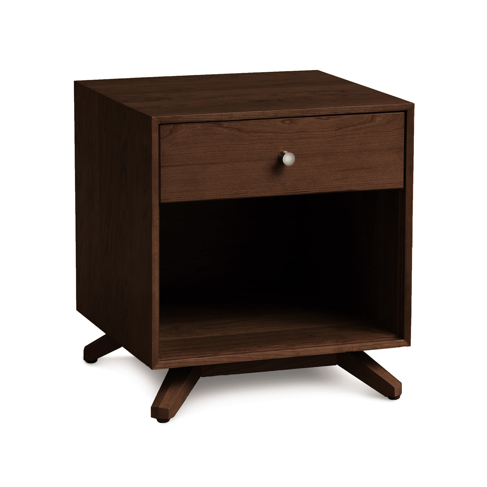 Astrid 1-Drawer Enclosed Shelf Nightstand in eco-friendly solid hardwood, featuring a sleek design with a single drawer and angled legs.
