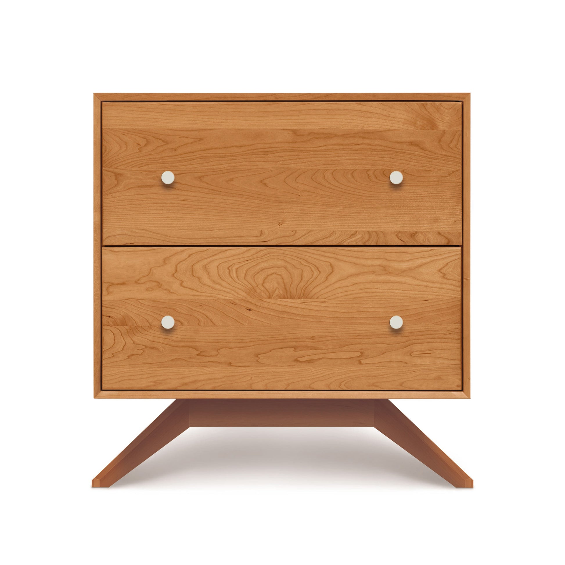 A Copeland Furniture Astrid 2-Drawer Nightstand with round white knobs standing on splayed legs against a white background.