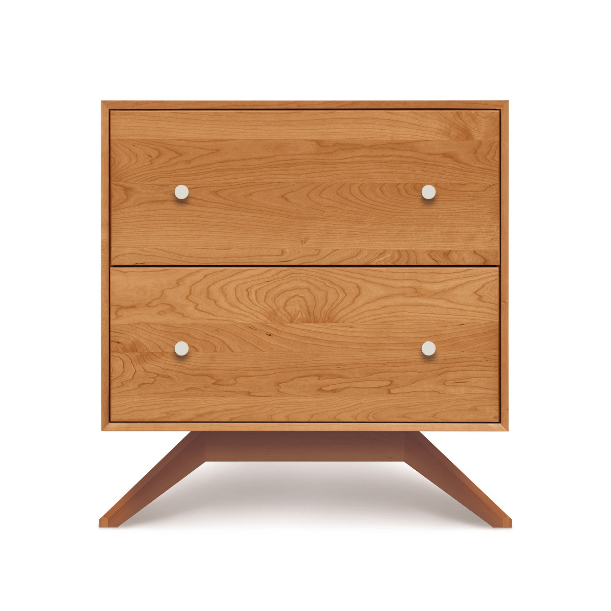 Copeland Furniture Astrid Nightstand with Scandinavian design, light brown finish, silver knobs, and wide angled legs.